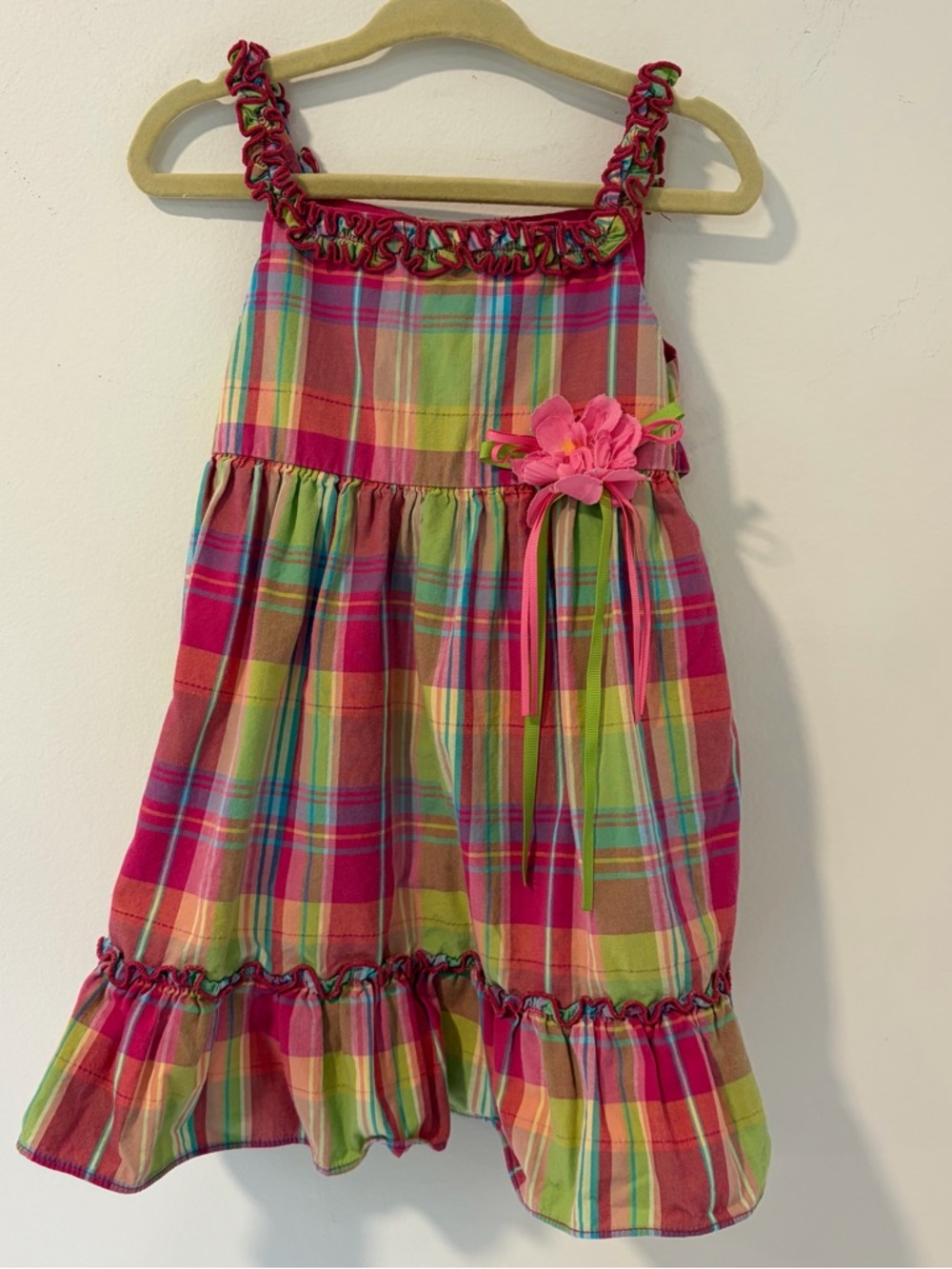 Good Lad girls tartan Ruffle Sundress with Flower Accent - Pink & Green